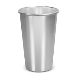 A drink cup in metallic silver with a smooth finish and a branding logo. Suitable for various beverages.