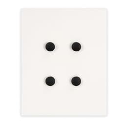 Four round black shoe charms arranged on a white backing. The display features a simple design with a clean aesthetic.