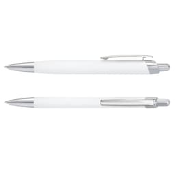 A metal pen set featuring a sleek white design with silver accents. The set includes two pens, each with a clip.
