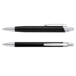 A set of black metal pens with silver accents, featuring a logo on the barrel.