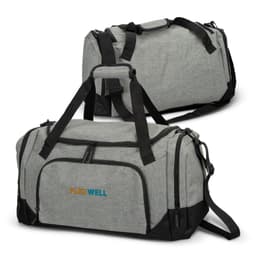 A grey duffle bag with black accents, featuring multiple handles and a logo on the front.