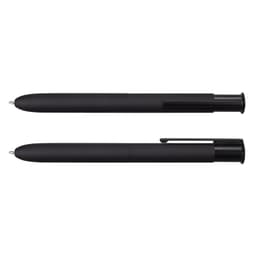 A set of black metal pens, featuring a sleek design and a clip for easy attachment. Branding is visible on the pen.