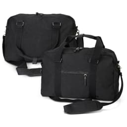 A black canvas duffle bag with adjustable shoulder strap and handles, featuring a logo and multiple compartments.