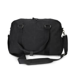 A black canvas duffle bag with dual handles and a removable shoulder strap, featuring a logo.