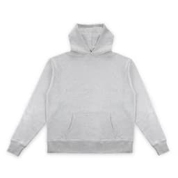 A grey essential hoodie with a front pocket and a hood. It features a logo on the hem.