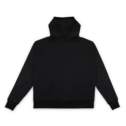 A black hoodie with a front pocket and a large hood. The product features a logo on the chest area.
