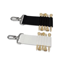 A black and white Fairway Golf Tee Holder with multiple wooden golf tees and a metal clip.