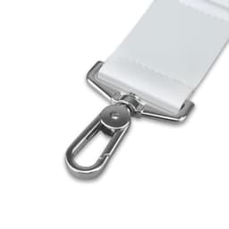 A white strap with a silver swivel clip, featuring a sleek and smooth design.