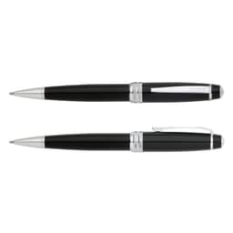 A black metal ballpoint pen with silver accents and a clip. The pen features a logo on its barrel.