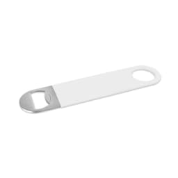 A drink bottle opener in white with a stainless steel end and a round handle. Features a logo.