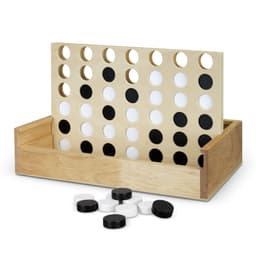 A wooden four-in-a-row game featuring a light wooden board with circular holes and black and white discs.