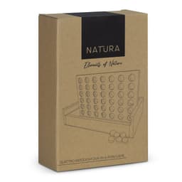 A boxed wooden four-in-a-row game, featuring natural tones, with round pieces and a branding logo.