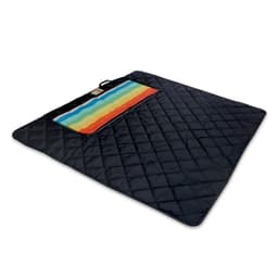 A large navy picnic blanket with a rainbow-striped pocket and a quilted design. It features a carrying handle.