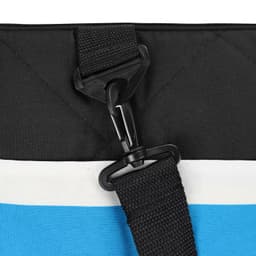 A black and blue picnic blanket with a strap and clip attachment, featuring a quilted texture.