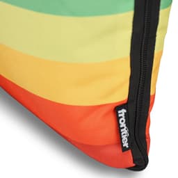 A vibrant striped picnic blanket featuring green, yellow, orange, and red colours, with a black zip and branding.