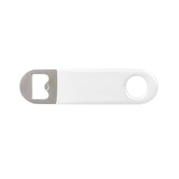 A drink bottle opener in white with a stainless steel end and a circular hole for easy handling.