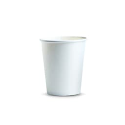 A white paper coffee cup with a smooth finish, holding 230ml of liquid and featuring a logo.