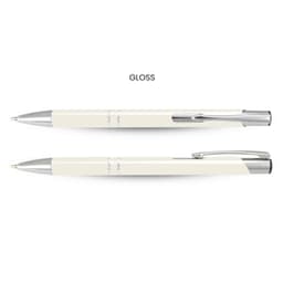 A cream-coloured pen with a shiny finish and silver accents, featuring a logo on its body.