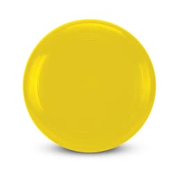 A yellow disc with a smooth surface and subtle ribbed detailing along the edge, featuring a logo.