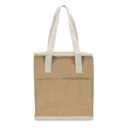 A tan cooler bag with white handles and a front pocket, featuring a logo on the side.