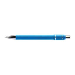 A blue metal pen with a shiny silver clip and detailing, featuring a logo on the barrel.