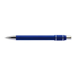 A blue metal pen with silver accents and a textured grip, featuring a logo on the side.