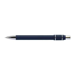 A metal pen in navy blue with silver accents and a textured grip. The pen features a branding logo.