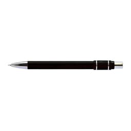 A metal pen in black with chrome accents, featuring a sleek design and branding.