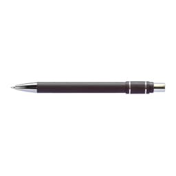 A metal pen in black with silver accents. The pen features a smooth barrel and a polished tip, and includes a logo.