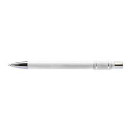 A metal pen in white with silver accents, featuring a smooth barrel design and a branding logo on the surface.