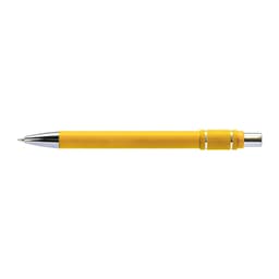 A yellow metal pen with a shiny chrome tip and a textured grip, featuring a branding logo.