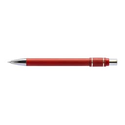 A red metal pen with a shiny silver clip and accents, featuring a logo.