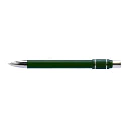A green metal pen with chrome accents, featuring a sleek design and a branding logo.
