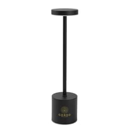 A black rechargeable table lamp with a cylindrical base and a circular top, featuring a logo on the base.