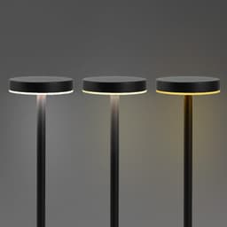 Three black rechargeable table lamps with round tops and adjustable light settings against a grey background.
