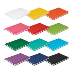 A collection of notebooks in various colours including white, yellow, orange, red, green, pink, dark green, teal, blue, purple, and black.