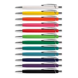 A collection of twelve pens in various vibrant colours, each with a silver clip and tip.