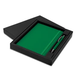 A green notebook and pen set presented in a black gift box, featuring a logo on the pen.