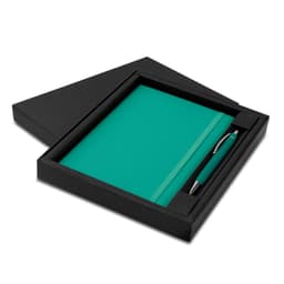 A teal notebook and matching pen in a black gift box, featuring a logo on the pen.