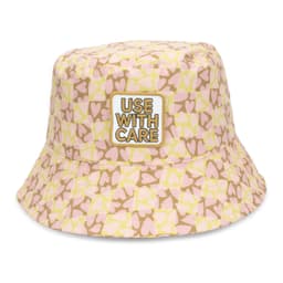 A pink and yellow patterned bucket hat featuring an embroidered patch. The design includes heart shapes and has a logo.