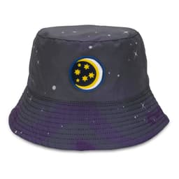 A dark grey bucket hat featuring a colourful embroidered patch of a moon and stars against a starry background.