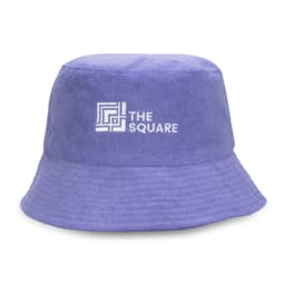 A purple reversible twill/terry bucket hat featuring a logo on the front.