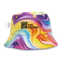 A brightly coloured reversible bucket hat featuring a vibrant swirl pattern and a logo.