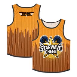 An orange tank top with vertical stripes, featuring a logo and a graphic of a star and pom-poms. It has a brand logo.