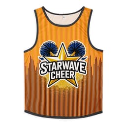 A vibrant orange men's active tank top featuring a star graphic and pom-poms, with a logo included.