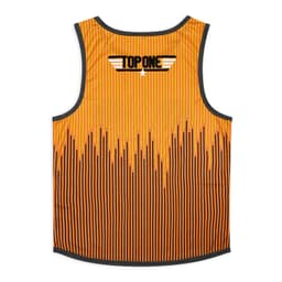 An orange active tank top with a gradient striped pattern and a logo on the back.
