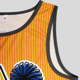 A custom men's active tank top in vibrant orange with a pattern and a logo. Features a grey trim along the neckline.