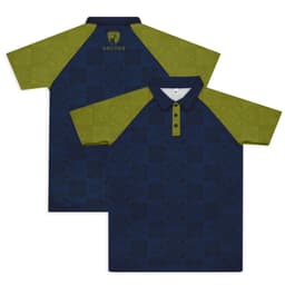 A custom men's active polo featuring a navy base with green patterned sleeves and a collar, including a logo.