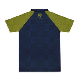 A polo shirt featuring a navy body with green patterned sleeves and a logo on the back.