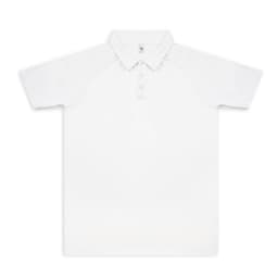 A white custom men's active polo shirt featuring a collar and a logo.